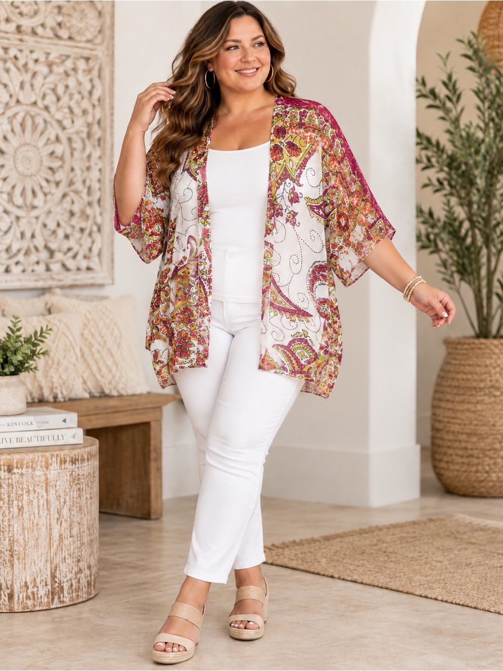 Chico's Sheer Floral Paisley Kimono in Pink and White